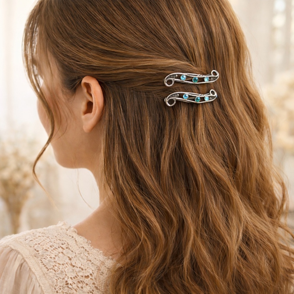 Vintage Y2K Barrettes Silver Gunmetal Tone Blue Rhinestones Set of 2
